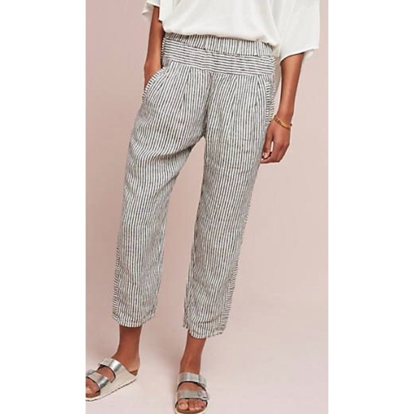 ANTHROPOLOGIE 100% Linen Green and White Stripe Tapered Pants - Picture 1 of 6